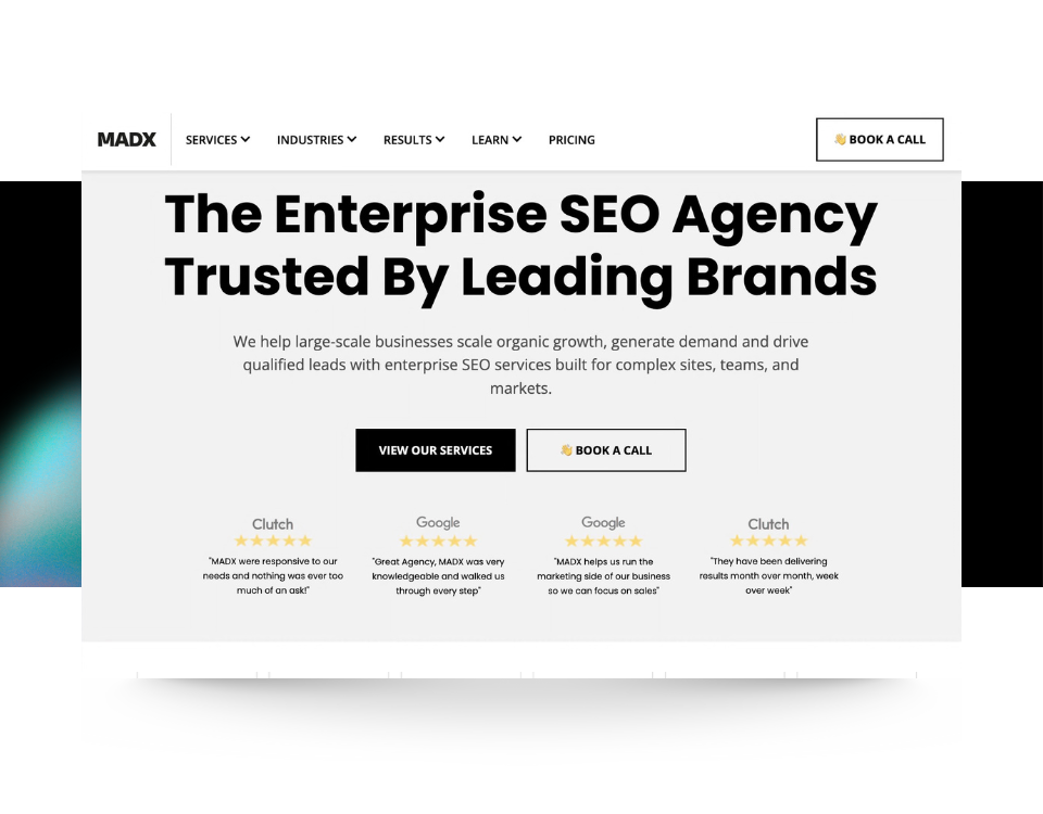 MADX enterprise SEO agency hero section showcasing enterprise SEO services, trusted brand testimonials, and calls to action