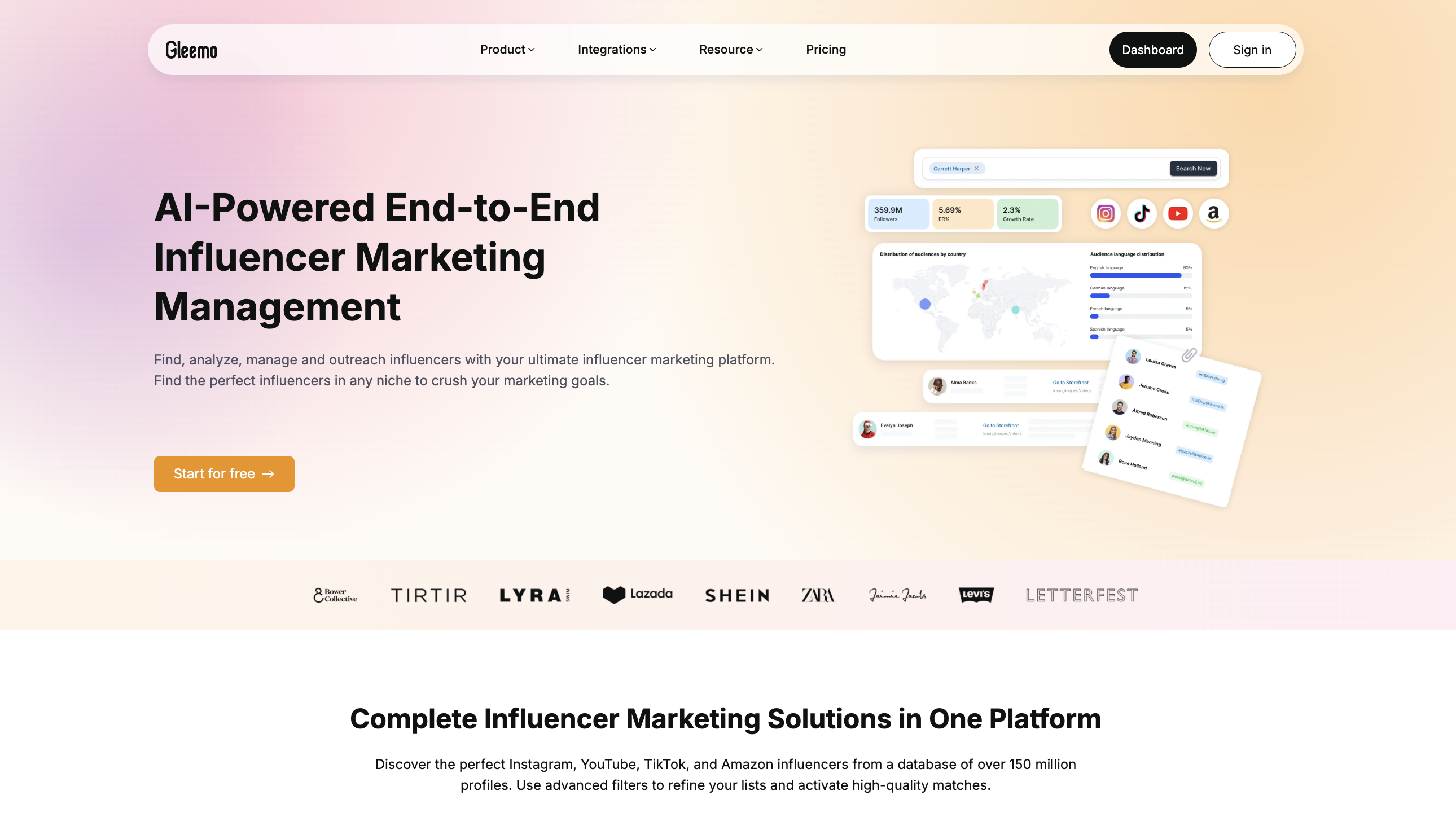 Gleemo homepage featuring AI powered end to end influencer marketing management platform with influencer analytics dashboard and Start for free CTA