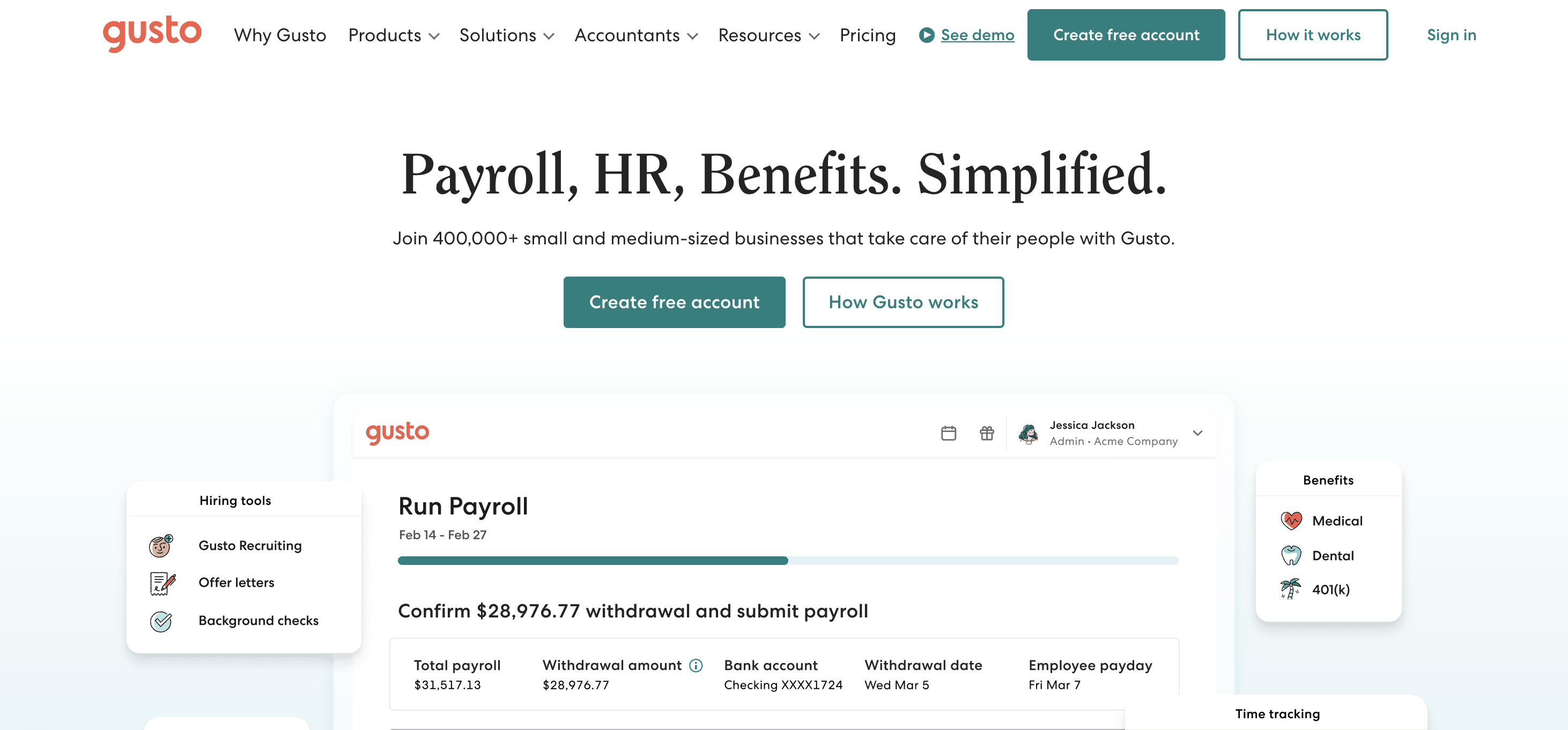 screenshot of gusto platform