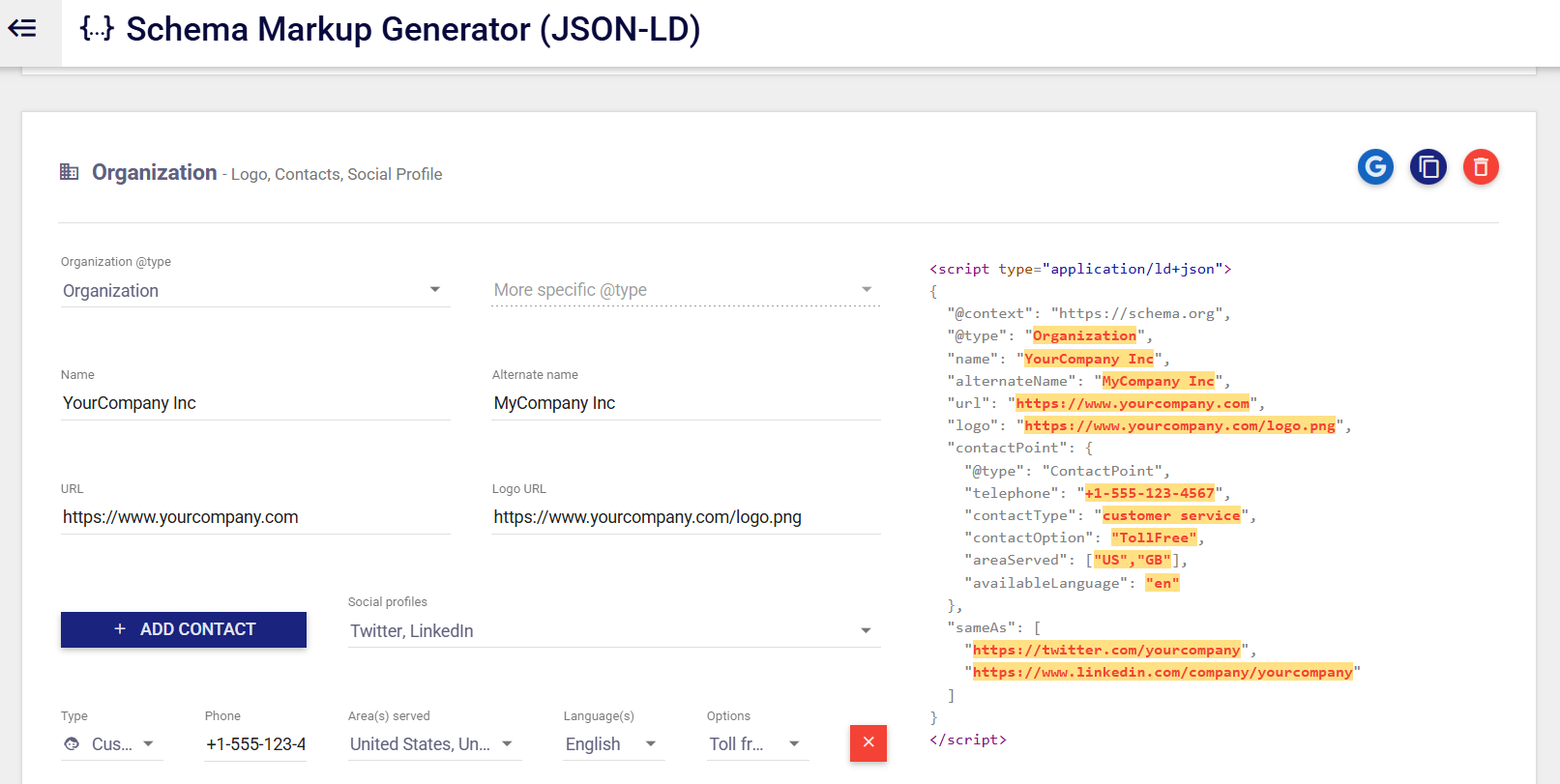 Screenshot of Schema Markup Generator showing organization JSON-LD settings, contact info fields, and live code preview.
