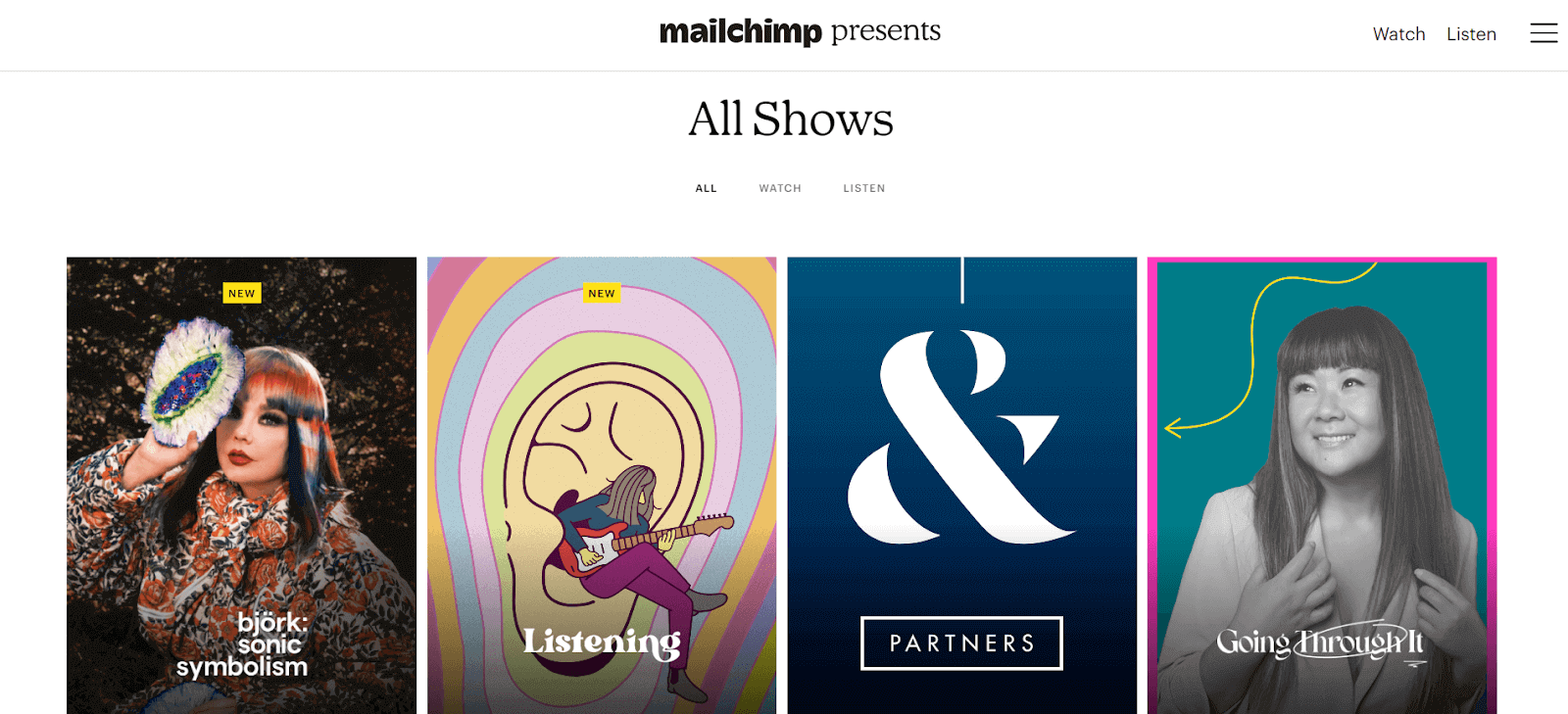 Mailchimp Branded Content Hub – Mailchimp’s "All Shows" section showcasing unique branded content marketing efforts.