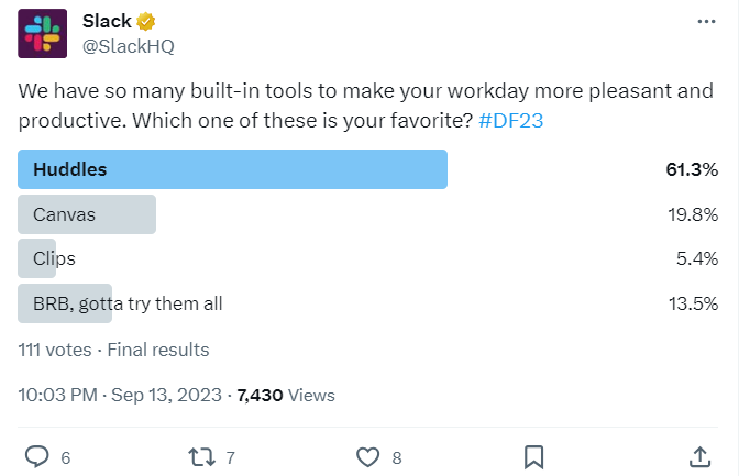 Slack Twitter Poll on Favorite Features – Slack’s Twitter engagement poll asking users to vote on their favorite built-in productivity tools.