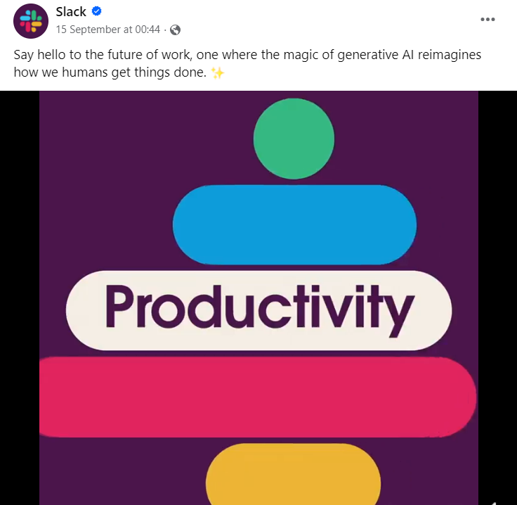 Slack Social Media Post on Productivity & AI – Slack’s promotional post discussing generative AI and its impact on workplace productivity.