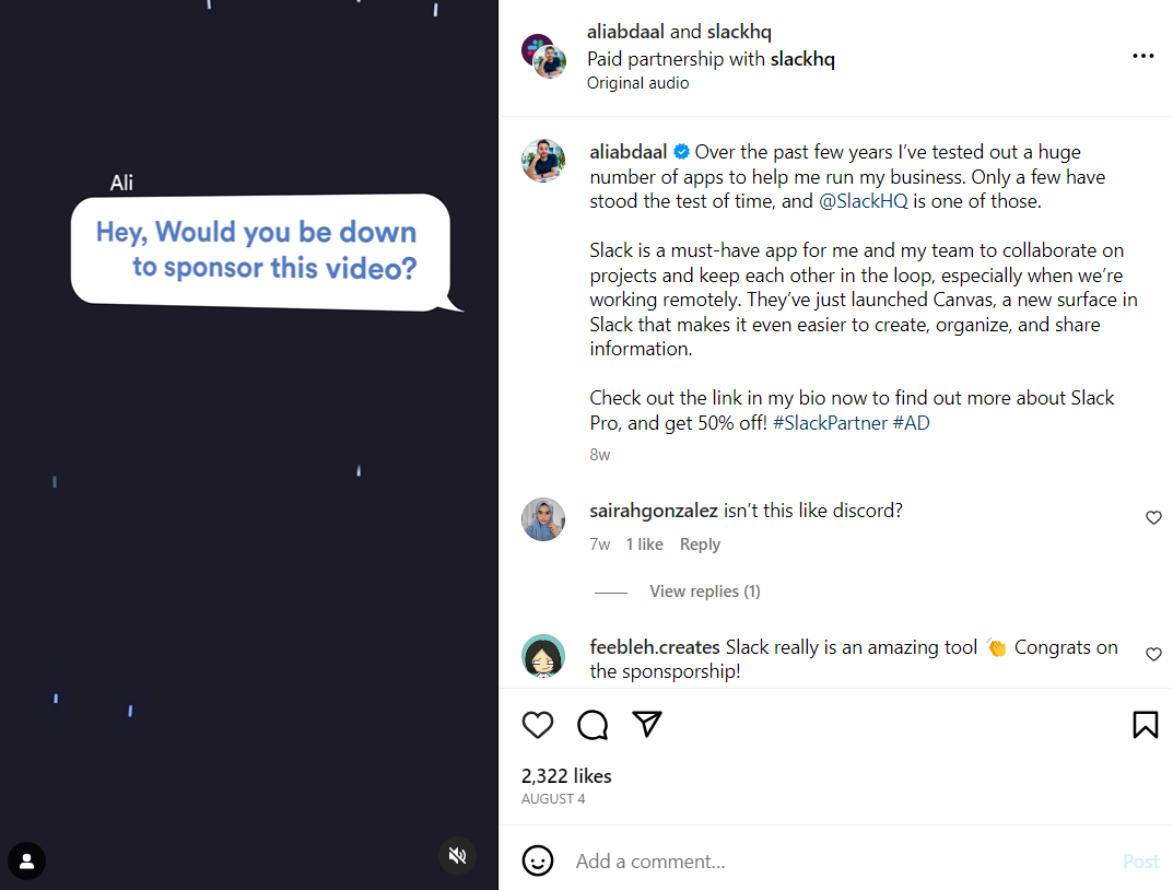 Slack Sponsored Instagram Post with Ali Abdaal – Paid partnership post featuring content creator Ali Abdaal discussing Slack’s collaboration tools.
