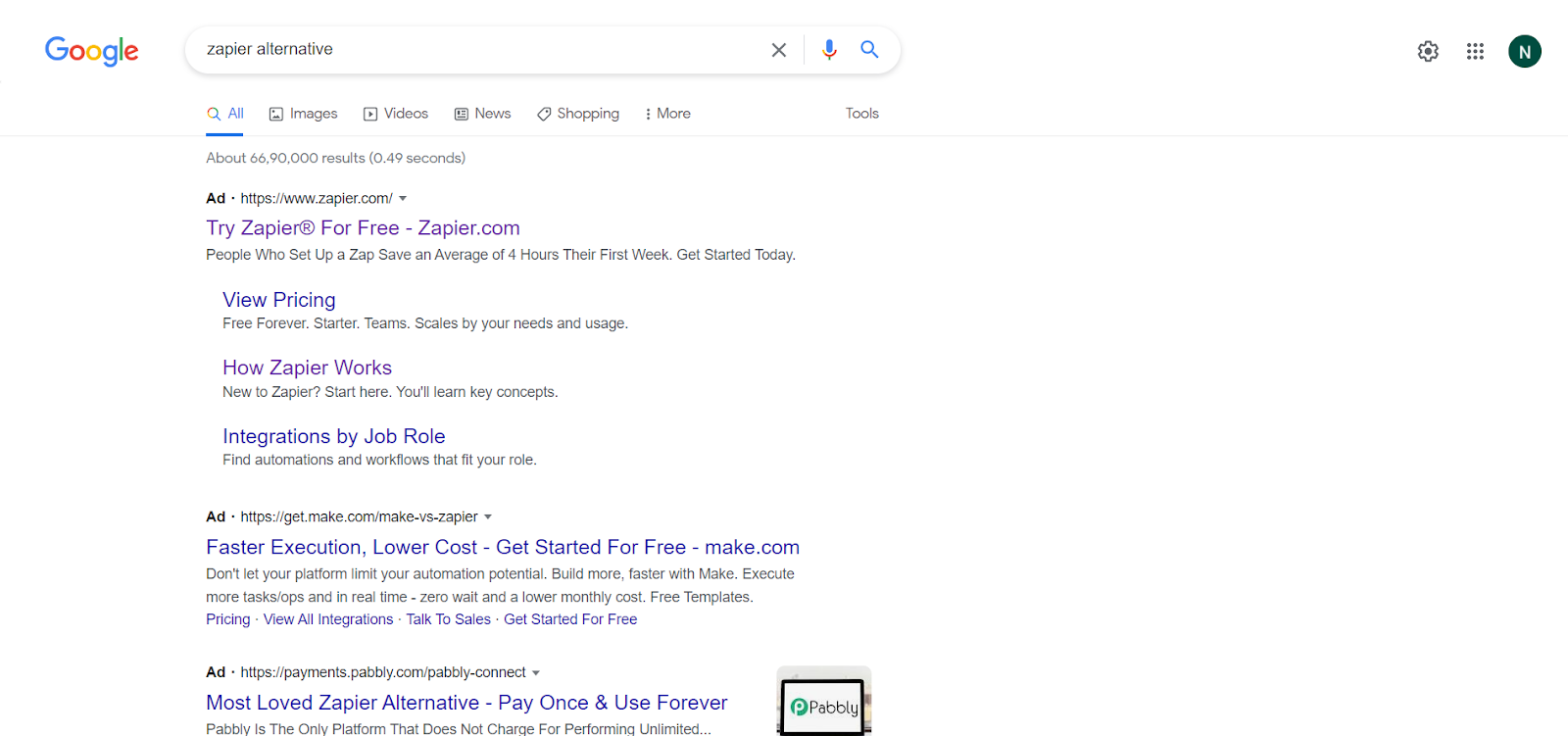Google Search Results for "Zapier Alternative" – SERP screenshot displaying ads and organic listings for alternatives to Zapier.