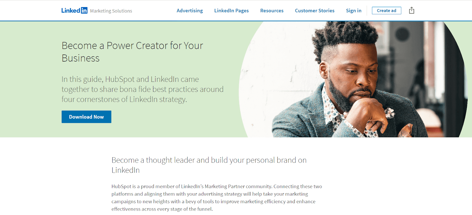 LinkedIn & HubSpot Marketing Guide Download Page – A landing page promoting a LinkedIn and HubSpot guide for business creators.