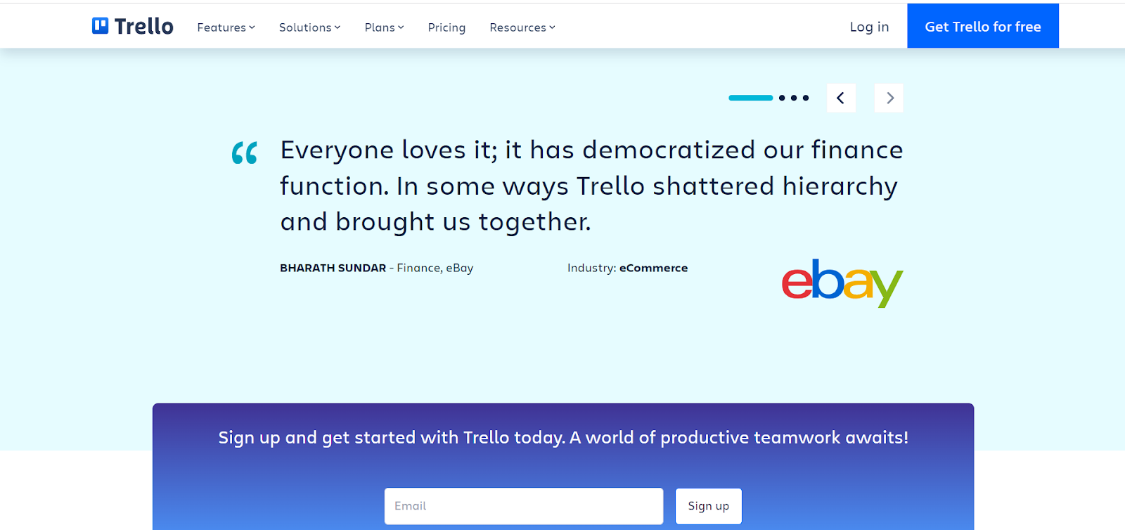 Trello Customer Testimonial - Screenshot from Trello’s website featuring an eBay testimonial on how Trello enhances finance and eCommerce teams’ productivity. Relevant for B2B SaaS marketing.