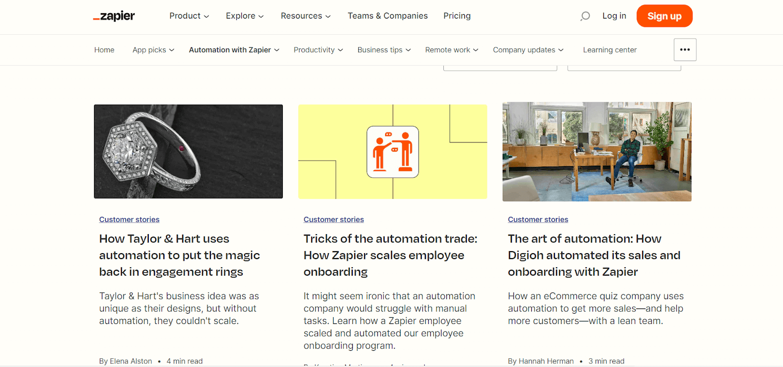 Zapier Customer Stories - Screenshot of Zapier's automation case studies, showing how businesses use SaaS automation for growth. Great insight into B2B SaaS marketing strategy.