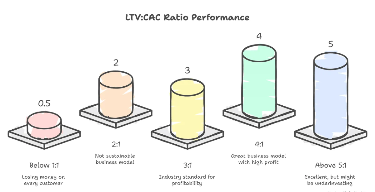 Infographic displaying LTV:CAC ratio performance, illustrating five metrics from below 1:1 (unsustainable) to above 5:1 (excellent).