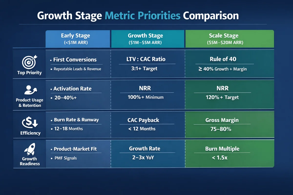 A comparative chart detailing key metrics for Early, Growth, and Scale stages of business development, including priorities and targets.