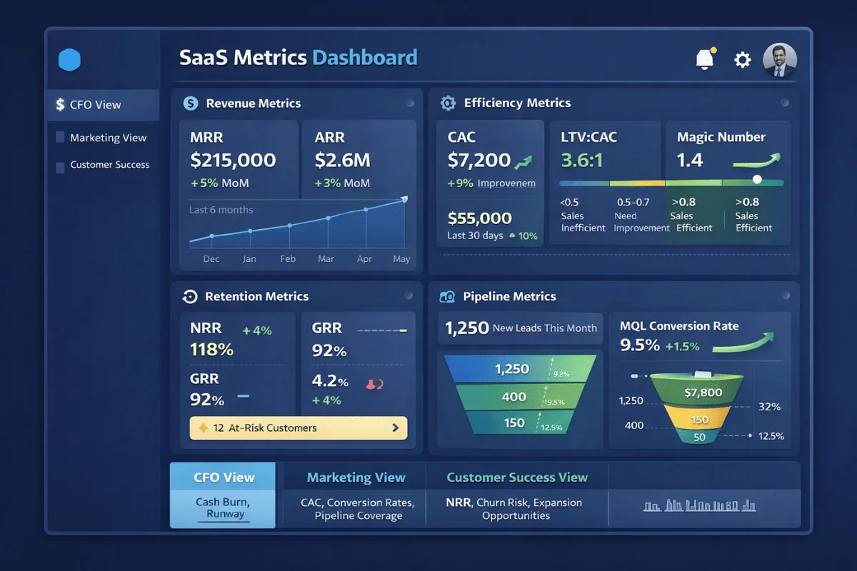 SaaS metrics dashboard displaying revenue, efficiency, retention, and pipeline metrics, highlighting key performance indicators for analysis.