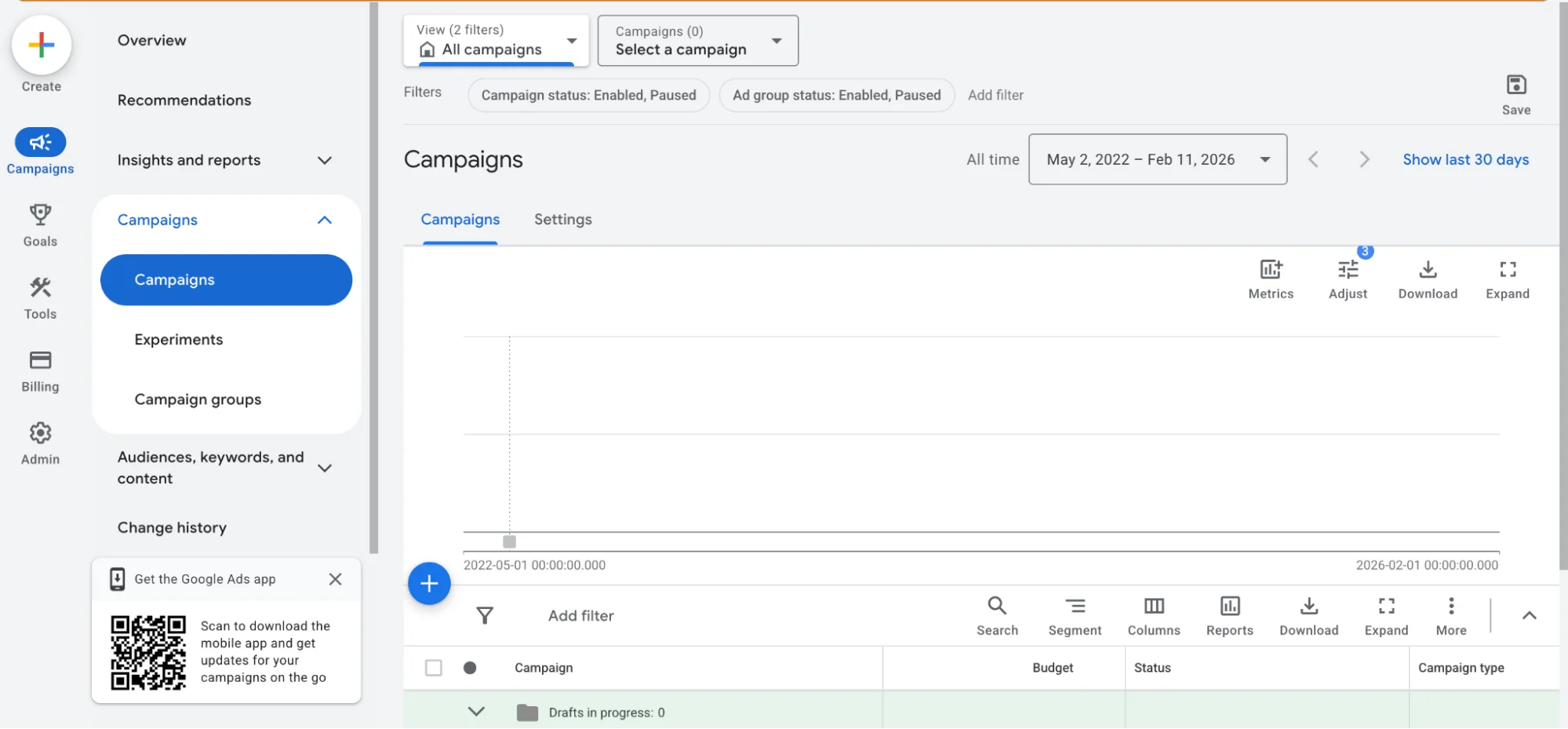 Google Ads dashboard showing a campaigns management page. The left sidebar features options like "Campaigns" and "Experiments." A QR code prompt is visible.
