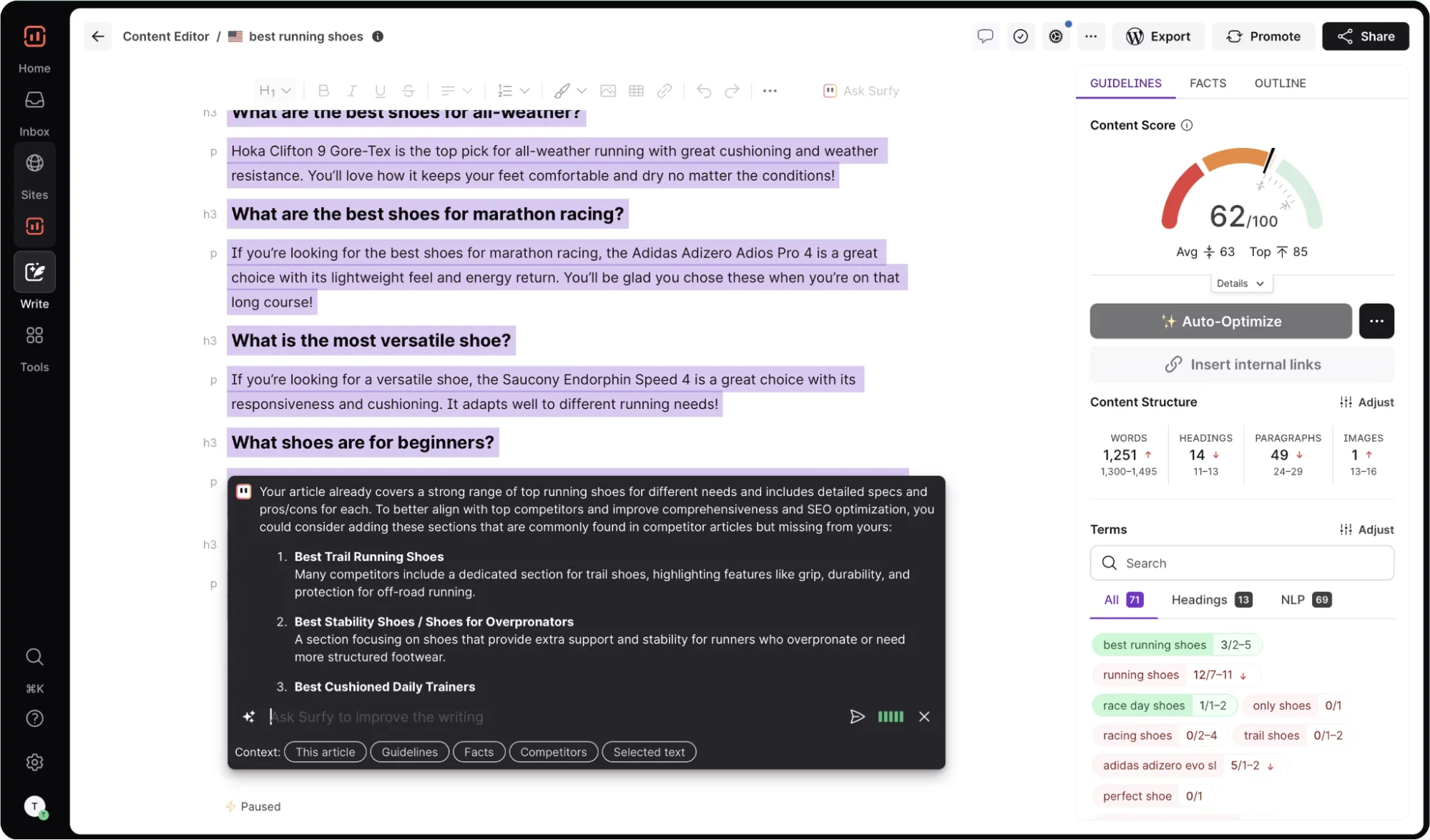 Screenshot of a content editor interface with a document open on "best running shoes." Highlighted text covers various shoe categories. 