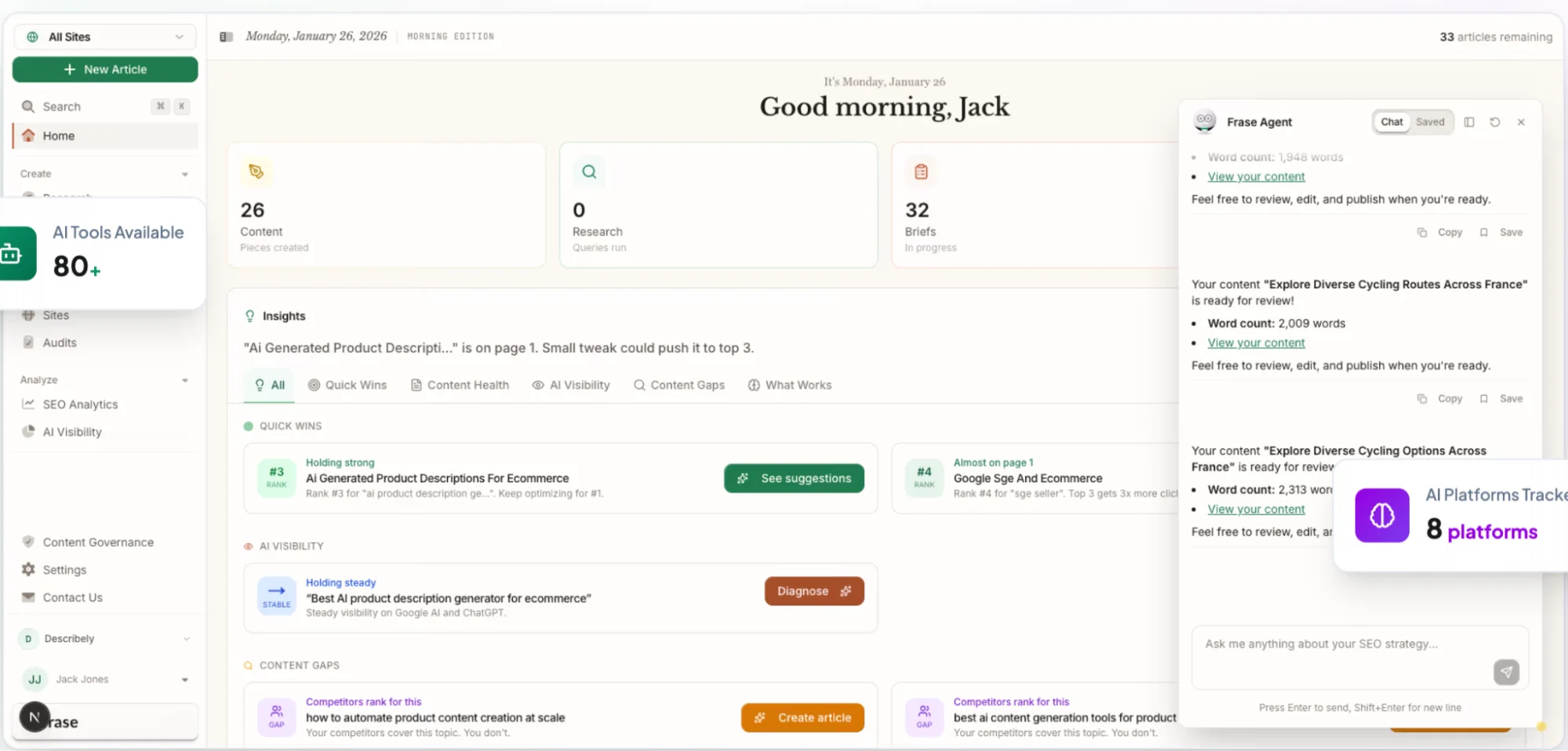 Dashboard interface showing content management tools. Left sidebar offers options like "New Article" and AI tools. Main area displays content stats and insights, with a chat pop-up on the right.