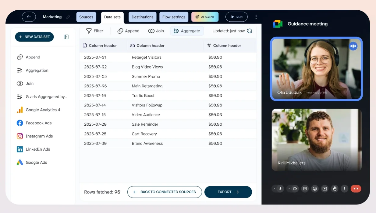 Split-screen showing a marketing data dashboard on the left and a virtual meeting with two smiling participants on the right.
