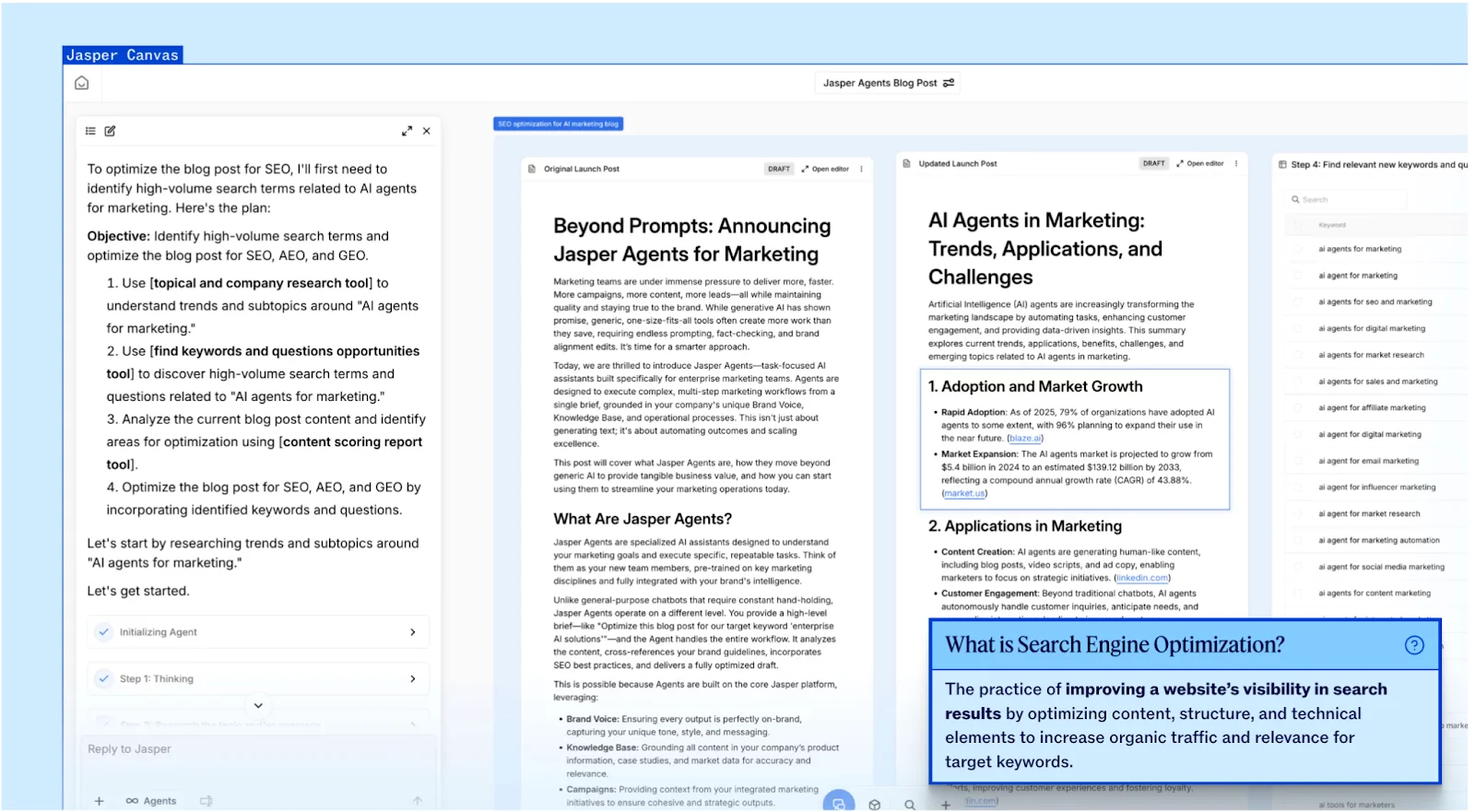 A screenshot of a Jasper AI content interface showing SEO optimization steps for a marketing blog post. Elements include text on AI agents and search strategies.