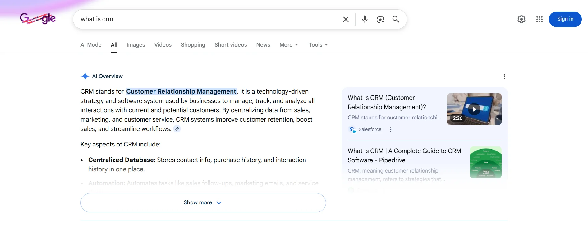 Search results page for "What is CRM" showing an AI overview. The text explains CRM as a tool for customer relationship management, listing key aspects like centralized database.
