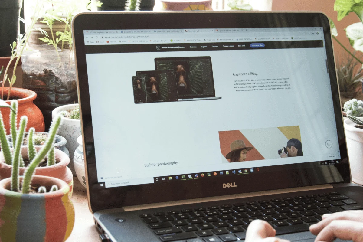 Laptop on a desk surrounded by potted plants, displaying Adobe Photoshop Lightroom webpage with photography tools and editing interface.