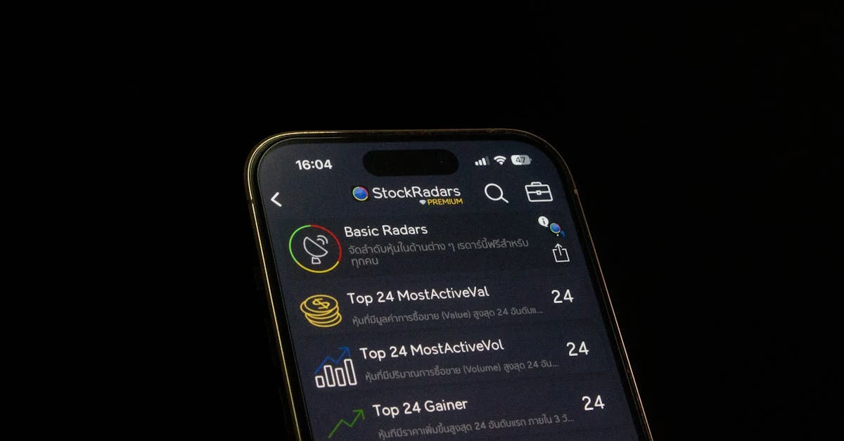 Mobile phone displaying StockRadars app interface with analytics tools and performance metrics for enterprise SEO benefit.