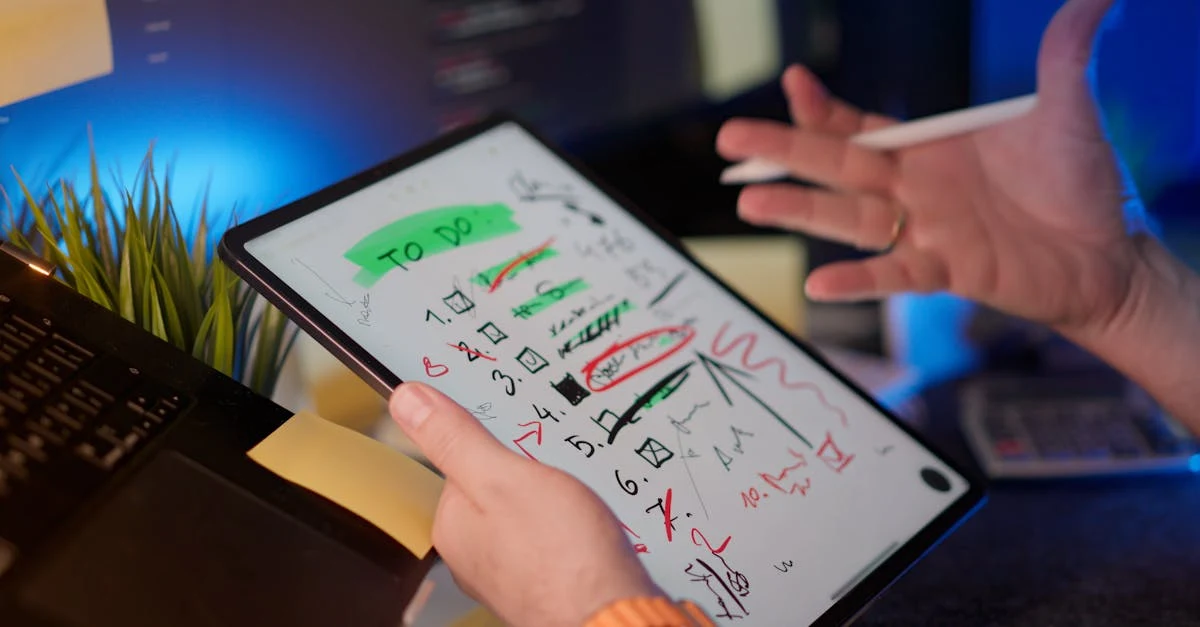 Hands holding tablet with mathematical formulas and SEO strategy sketches during enterprise SEO patterns planning session.