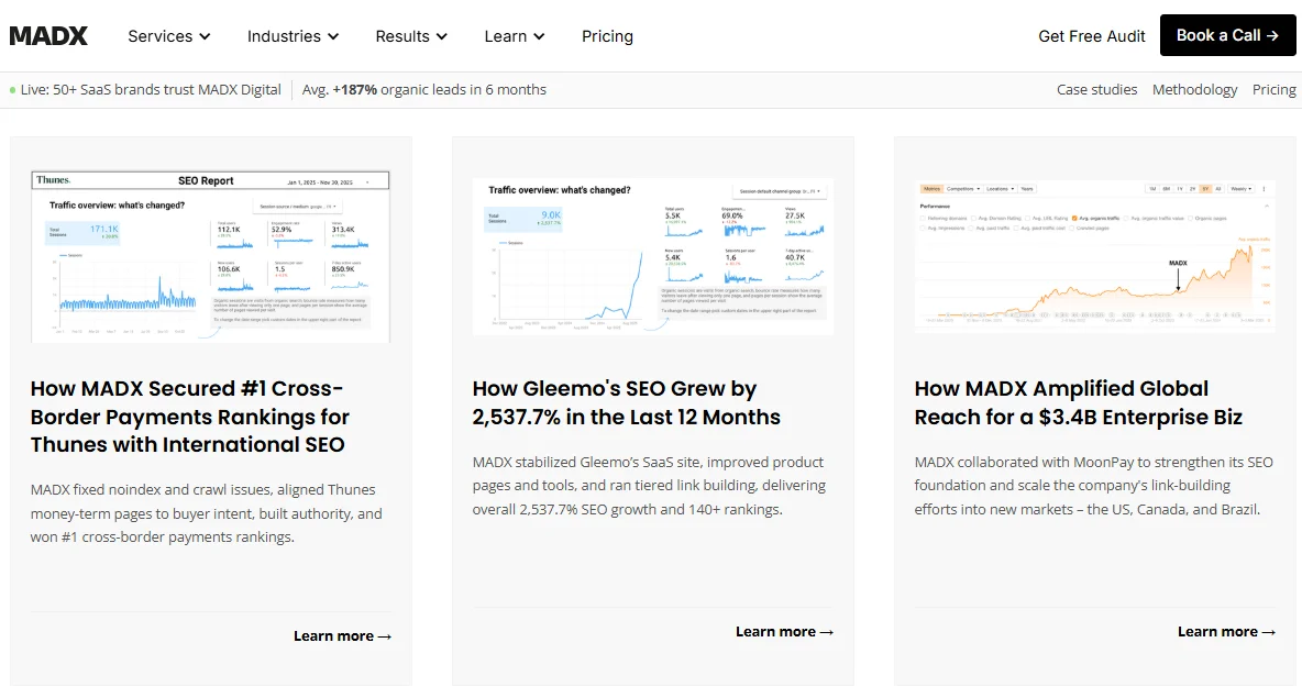 MADX webpage showcasing three case studies with graphs. Each study details significant SEO achievements, highlighting growth percentages and global impact.