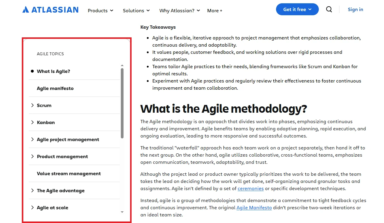 Webpage of Atlassian with a focus on Agile methodology. Left sidebar lists Agile topics like Scrum and Kanban. 