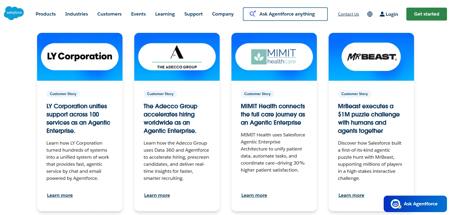 Four customer story cards on a Salesforce webpage highlight different enterprises utilizing Agentforce.