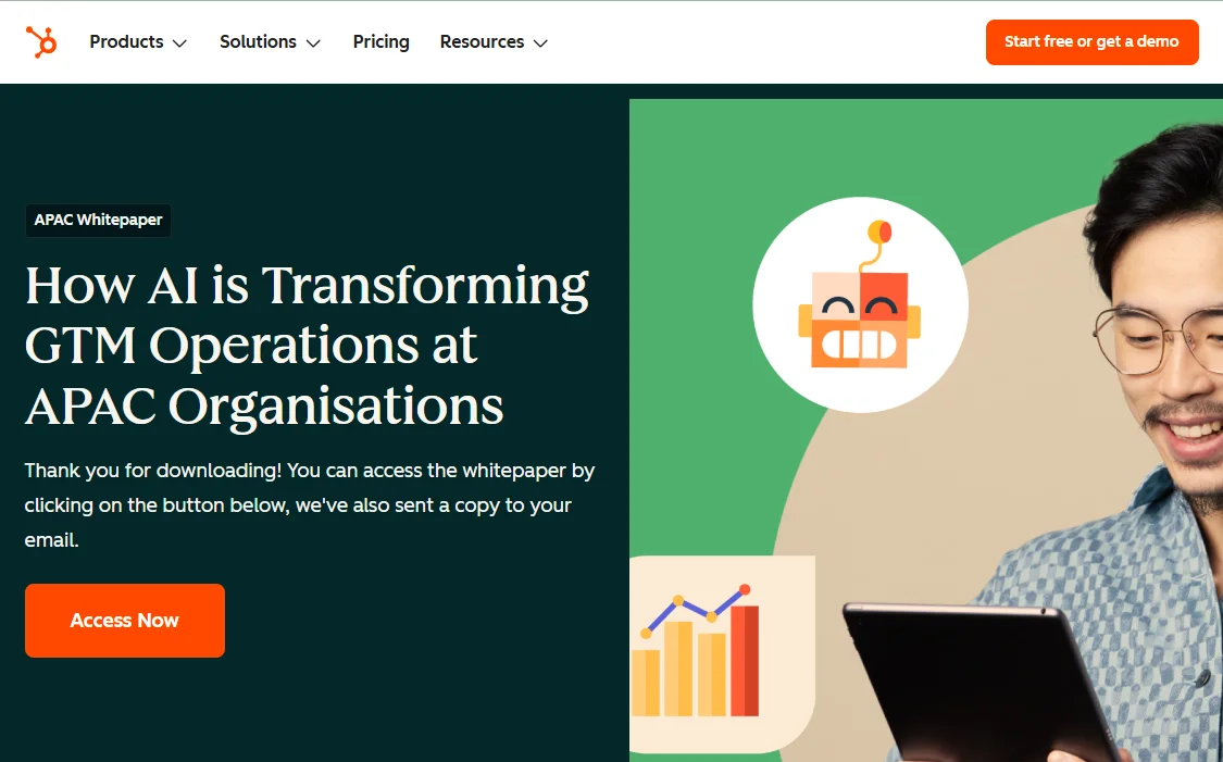 Website section featuring an AI-themed whitepaper titled 'How AI is Transforming GTM Operations at APAC Organisations.' Includes a smiling man holding a tablet, a robot illustration, and bar graphs. 
