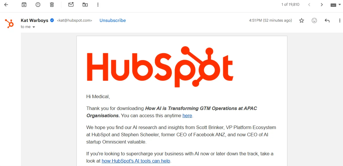 Email from HubSpot thanking for downloading a document on AI transformations.
