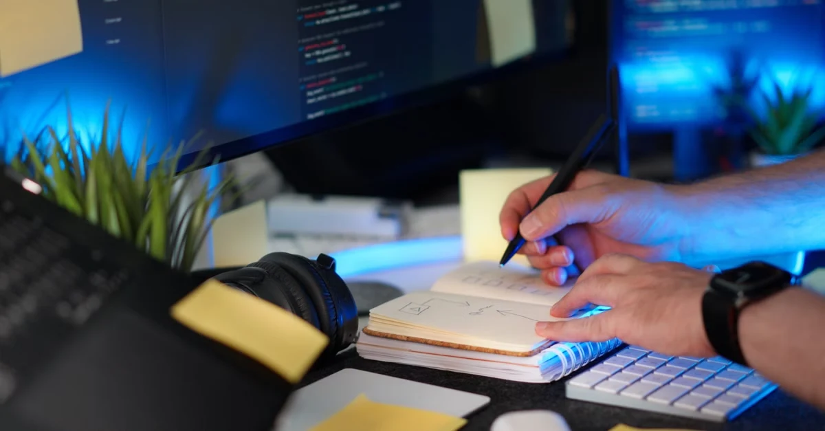 Developer documenting enterprise search trends while coding on computer with blue lighting and notebook.