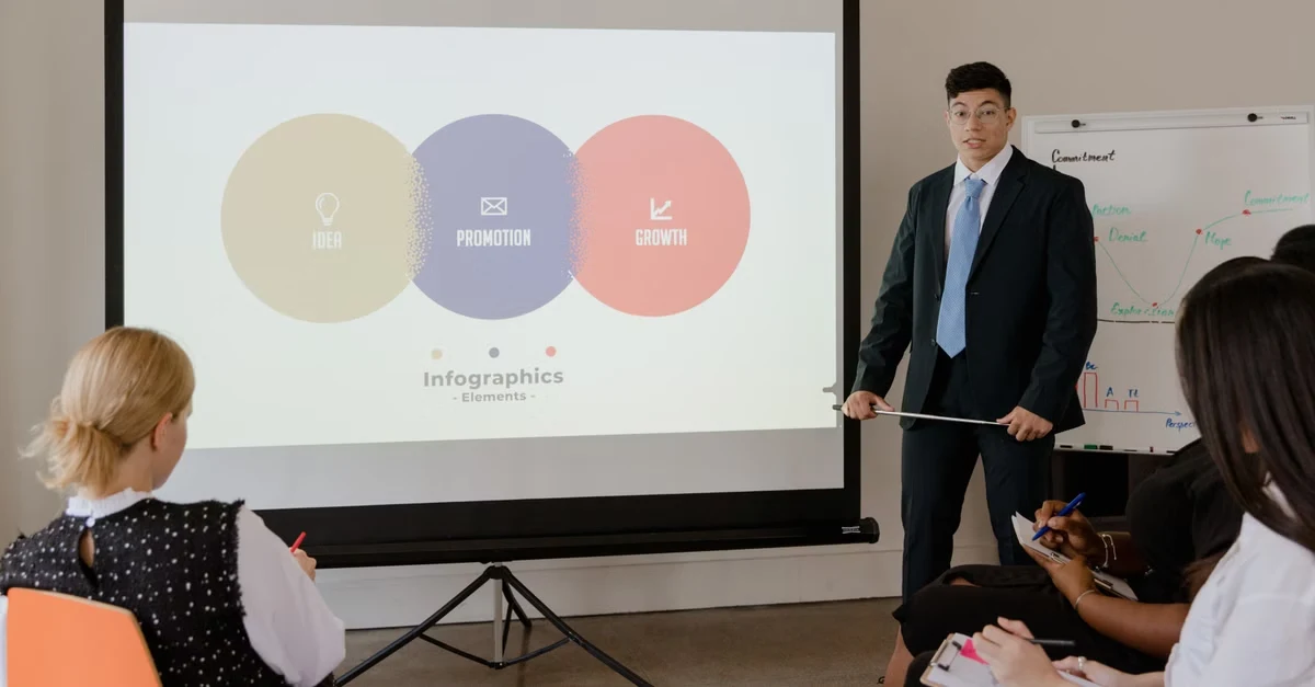 Business professional presenting B2B link building strategy infographic with three interconnected circles to engaged audience.