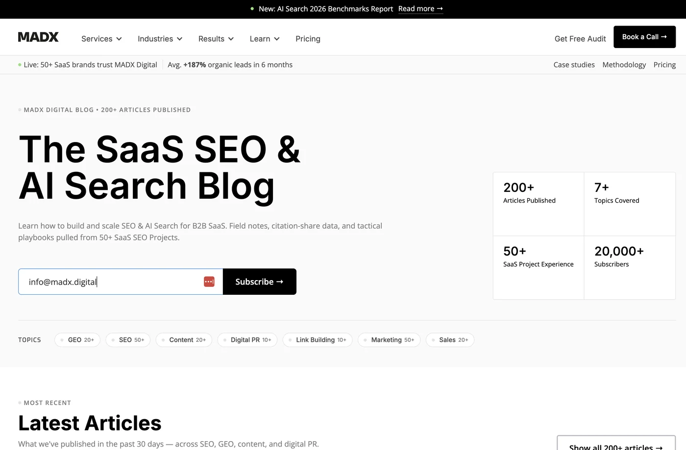 The MADX Digital blog homepage, headlined The SaaS SEO and AI Search Blog, with 200+ articles and topic filters for GEO, SEO, and content.