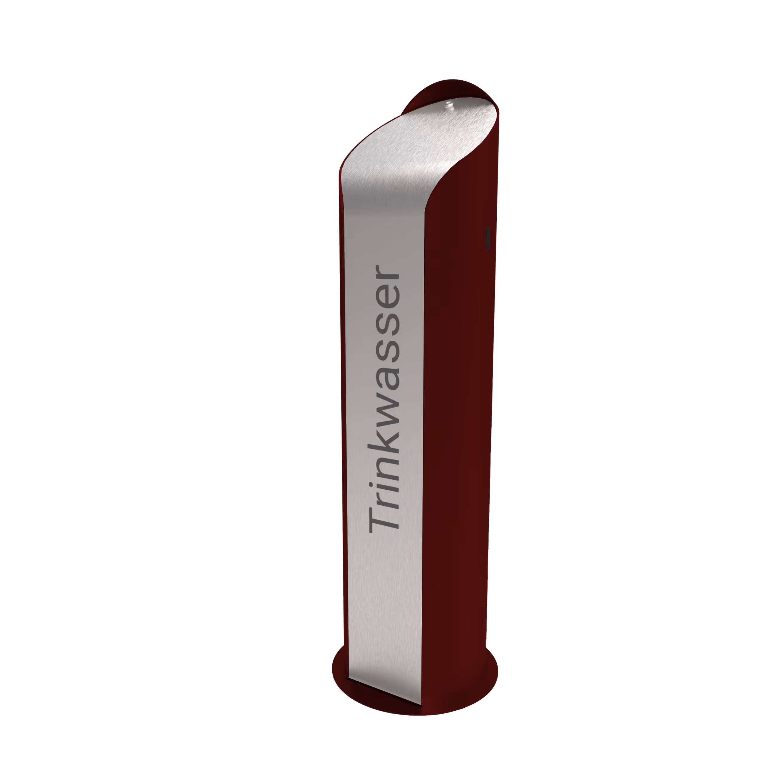 Moderne rote Trinkwassersäule mit Edelstahlfront und Aufschrift "Trinkwasser".