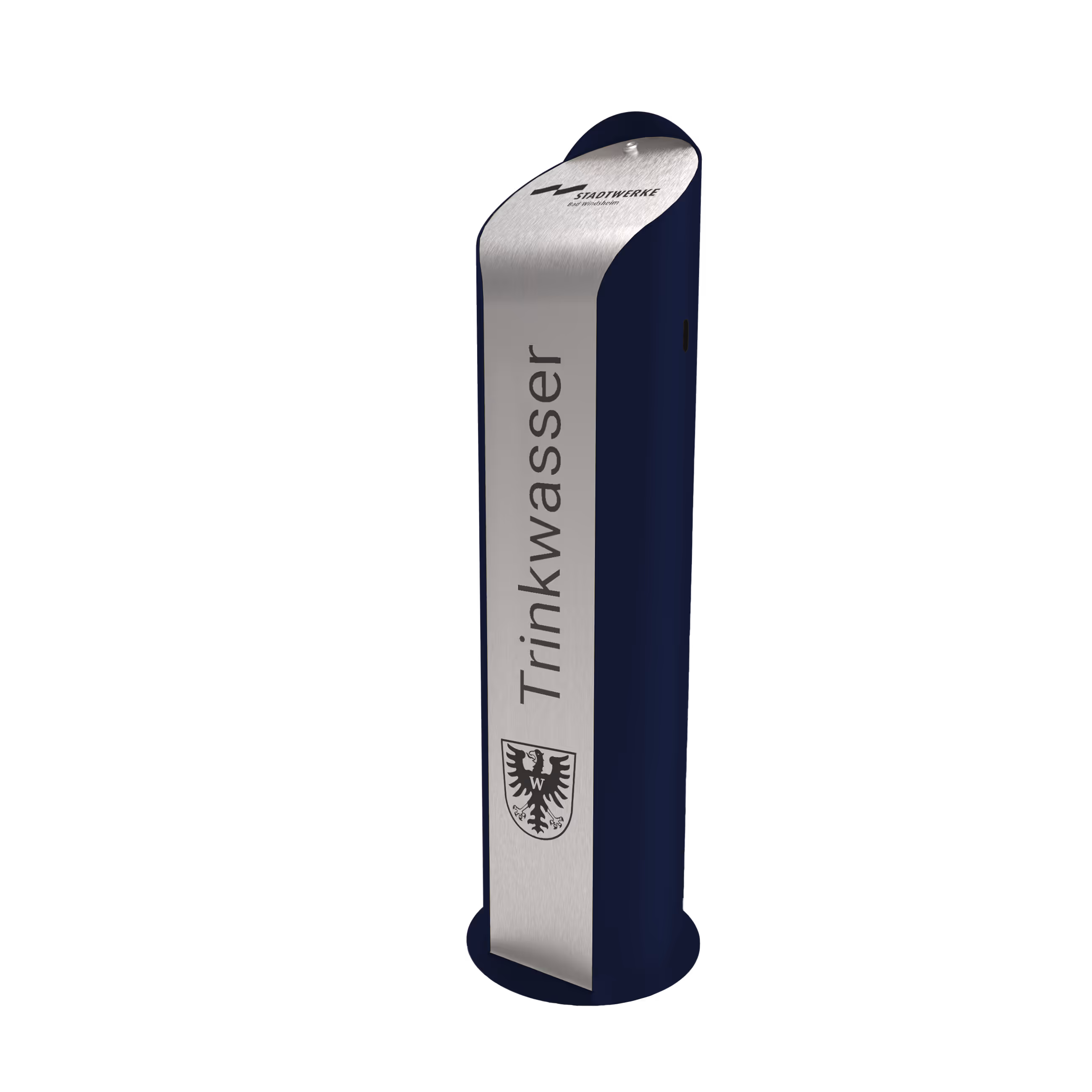 Moderner Trinkwasserspender aus Metall mit Aufschrift 'Trinkwasser' und Stadtwerke-Logo.