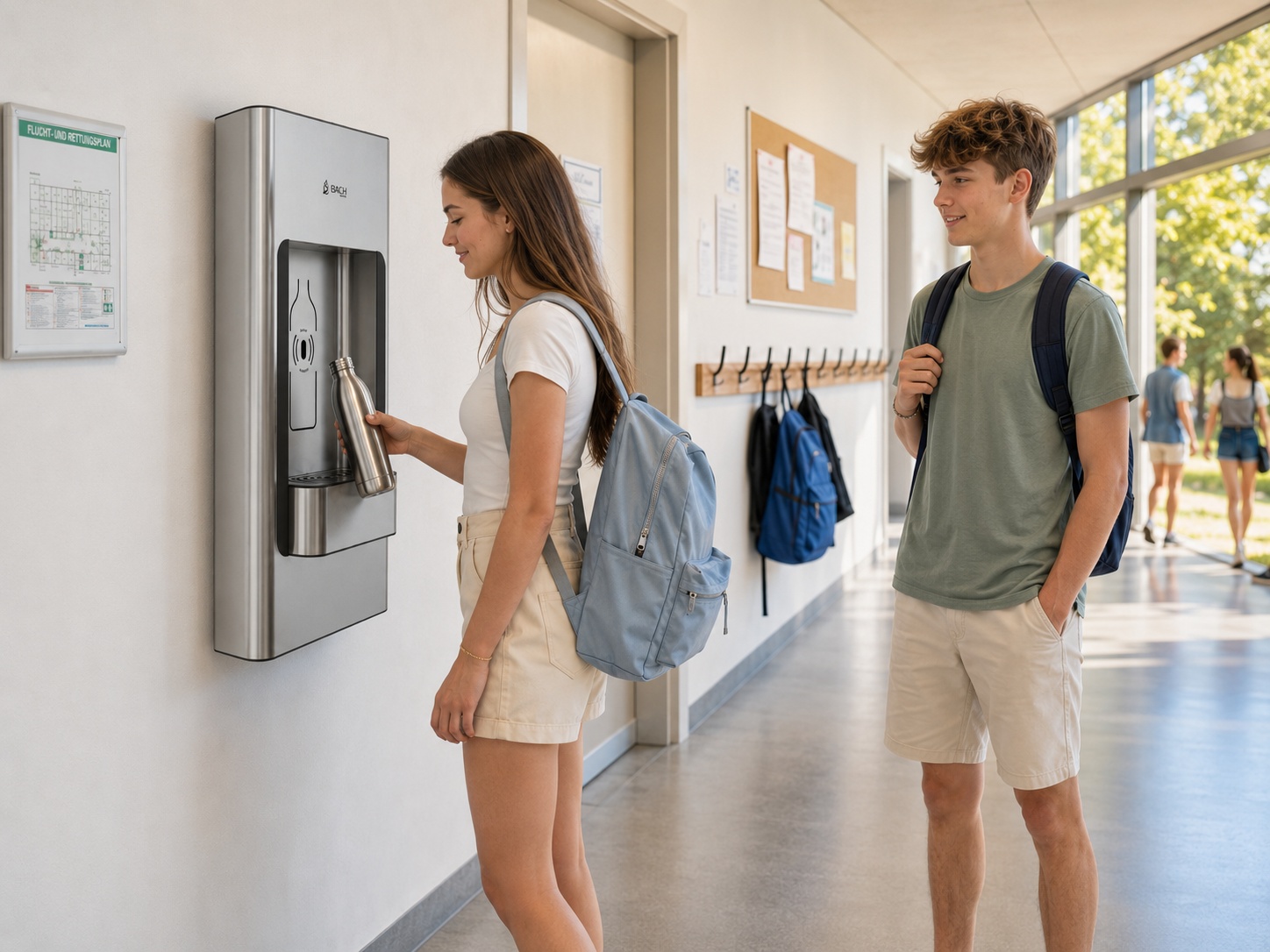 Ein wandhängender Wasserspender in der Schule an dem eine Schülerin Wasser zapft.