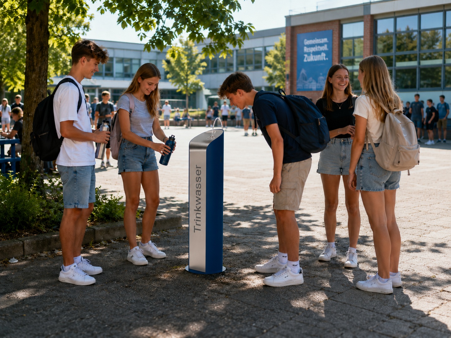 Wasserpause im sonnigen Innenhof an einem Trinkwasserbrunnen