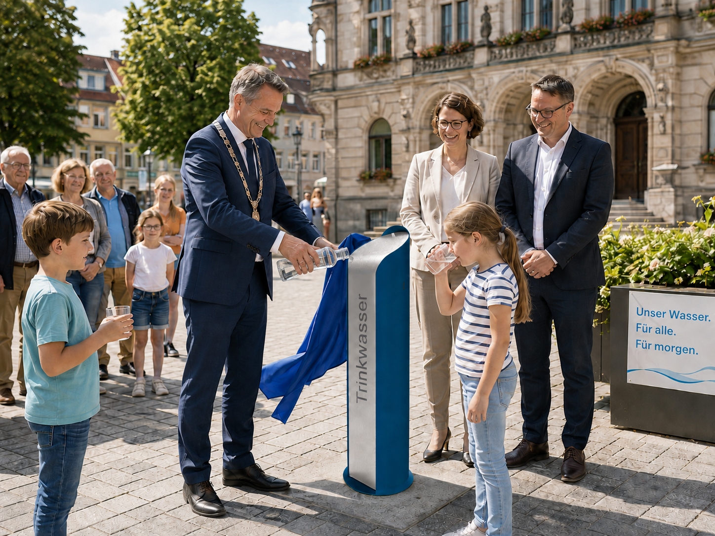 Ein Bürgermeister weiht einen geförderten Trinkwasserbrunnen ein und alle freuen sich
