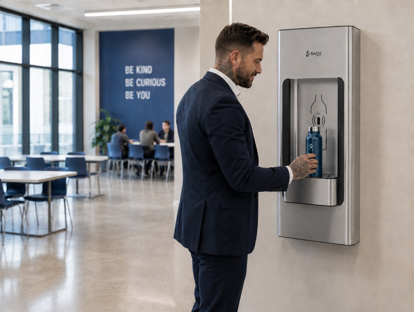 Mann trinkt am wandbefestigten Wasserspender Wasser