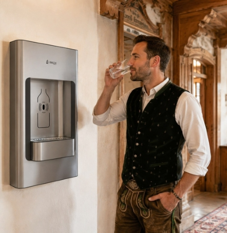 Mann trinkt in Bayern am wandhängenden Trinkwasserspender frisches Wasser.