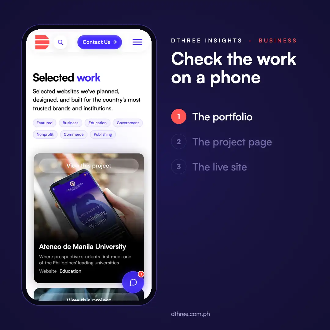 A phone screen scrolling through a web design company's portfolio, opening a project page, then the live website