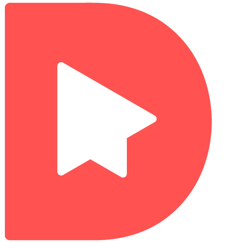Red stylized letter D with a cutout play button shape in the center.