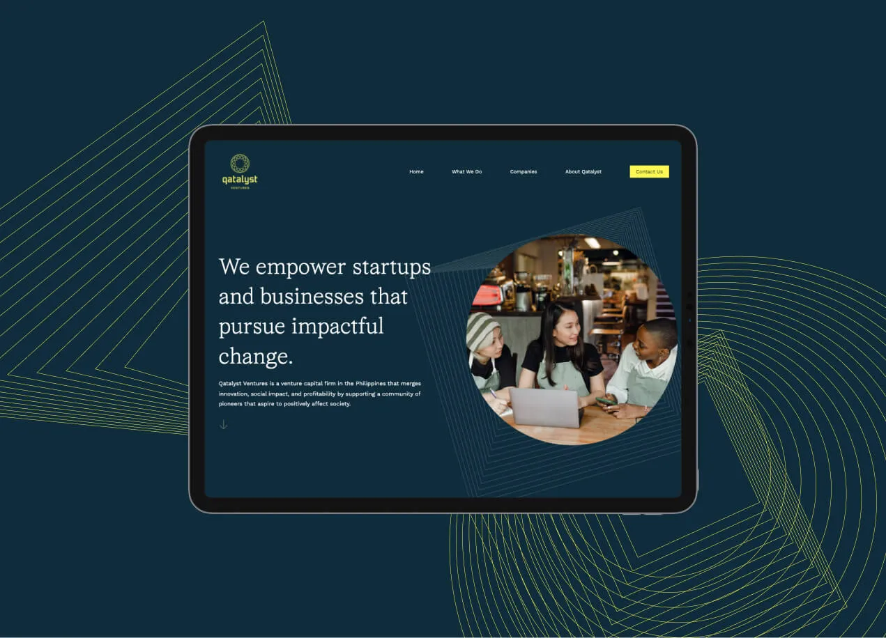 Tablet screen displaying a venture capital firm website with the text 'We empower startups and businesses that pursue impactful change' and an image of three people in aprons discussing in a cafe setting.