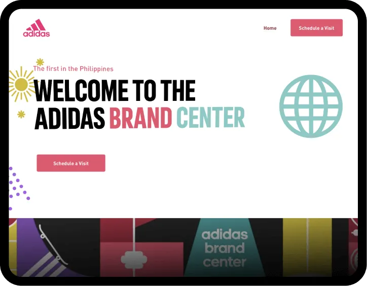 Website homepage featuring Adidas logo, text 'Welcome to the Adidas Brand Center,' and buttons labeled 'Schedule a Visit.'