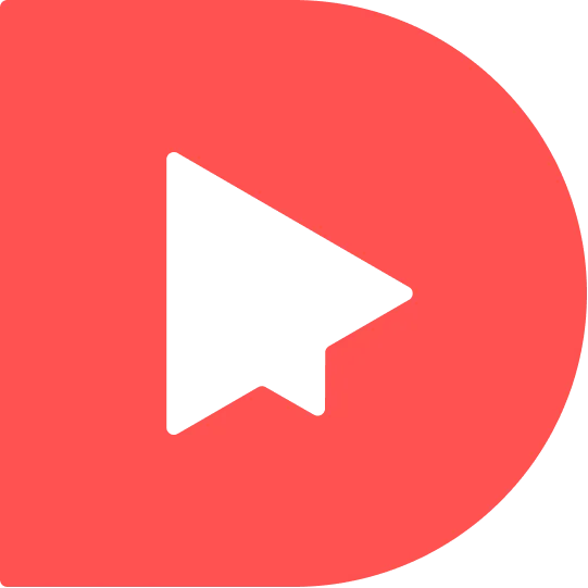 Black right-pointing play button inside a red rounded D shape.