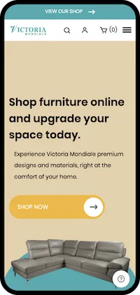 Victoria Mondiale furniture shop website on mobile