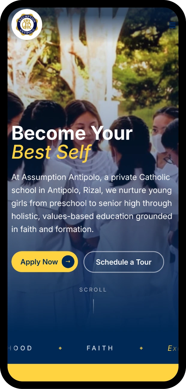 Mobile screenshot of the Assumption Antipolo school website, built by Dthree Digital.