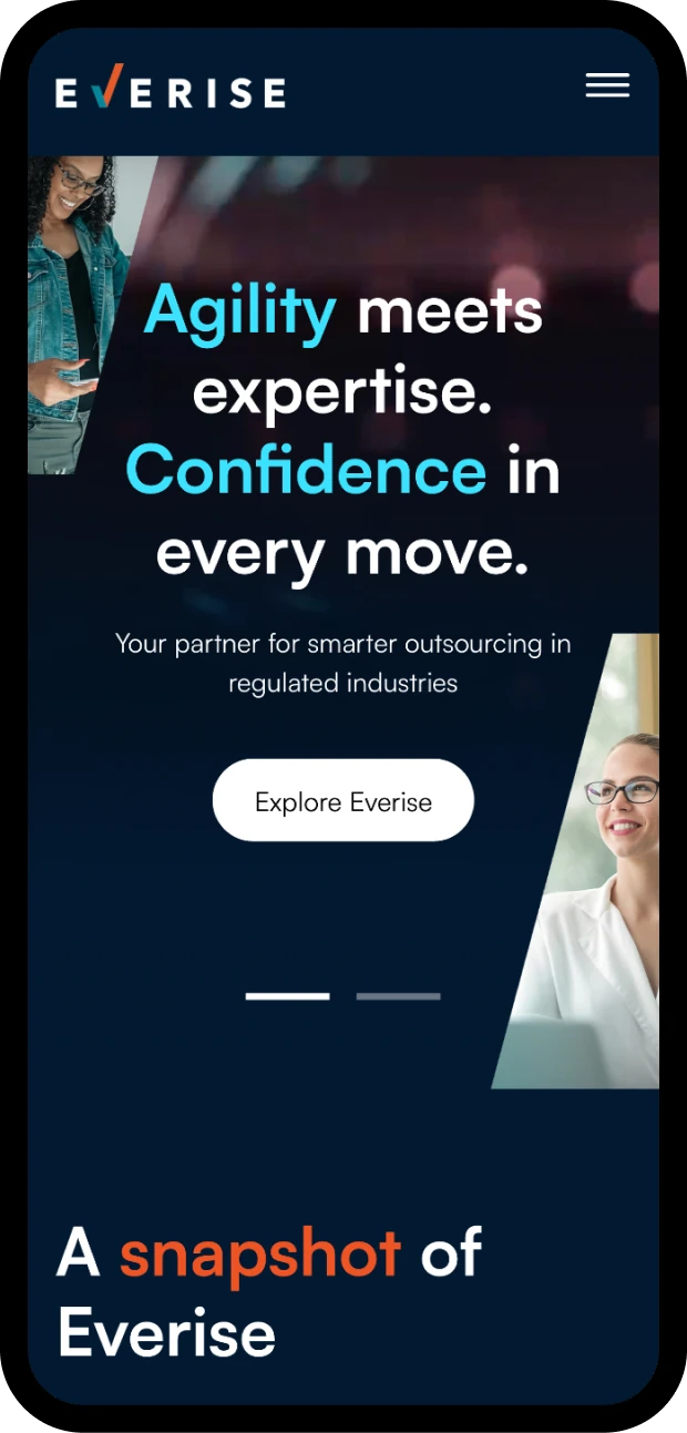Mobile screenshot of the Everise global customer experience website, built by Dthree Digital.