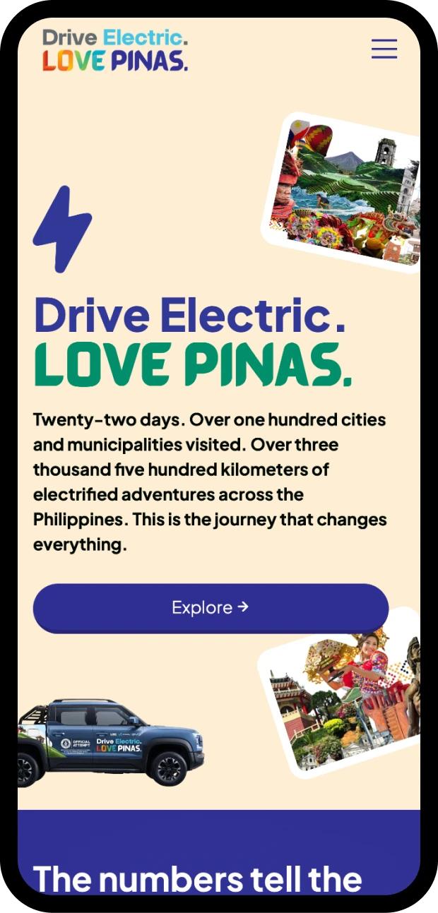 Mobile screenshot of the Drive Electric. Love Pinas. campaign website by BYD, the Department of Tourism, and ACMobility, built by Dthree Digital.
