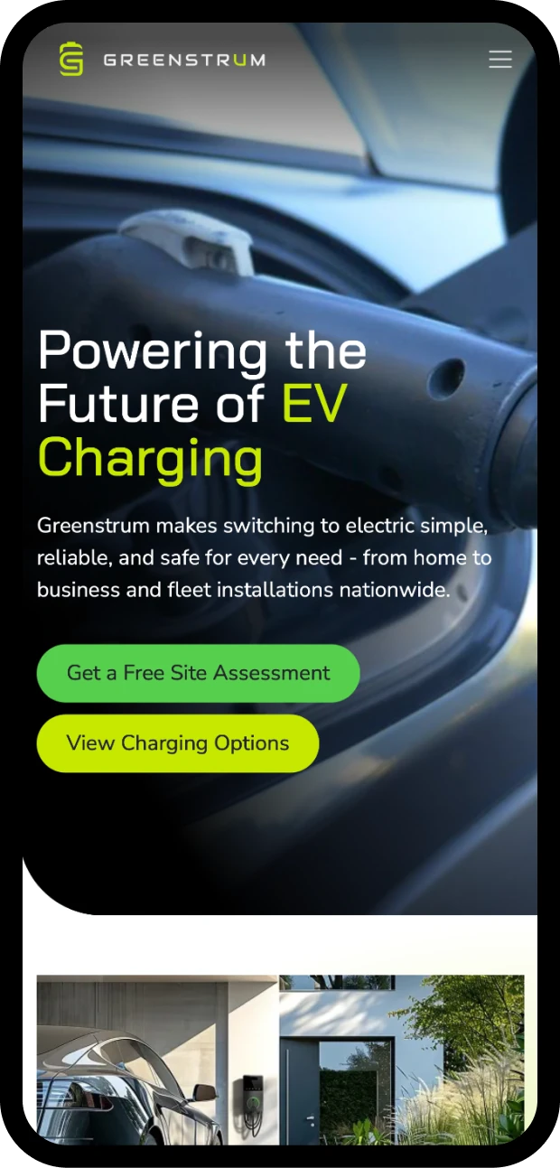 Mobile screenshot of the Greenstrum EV charging website, built by Dthree Digital.