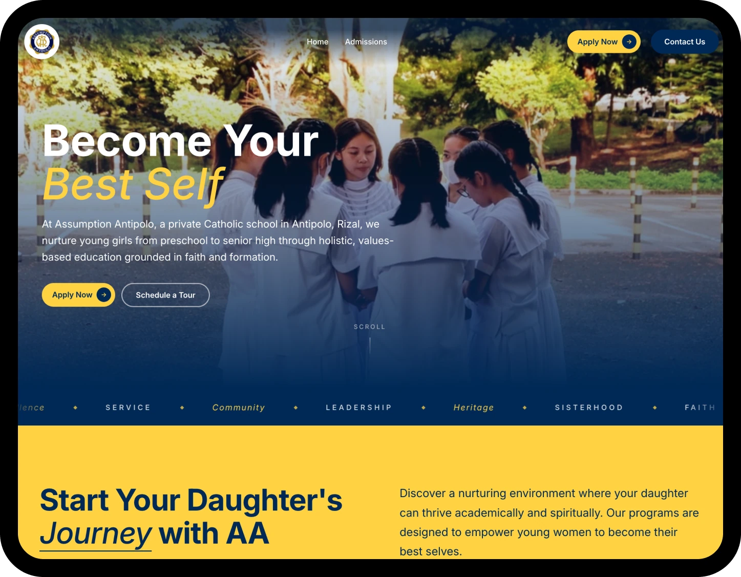 Widescreen screenshot of the Assumption Antipolo school website built by Dthree Digital.